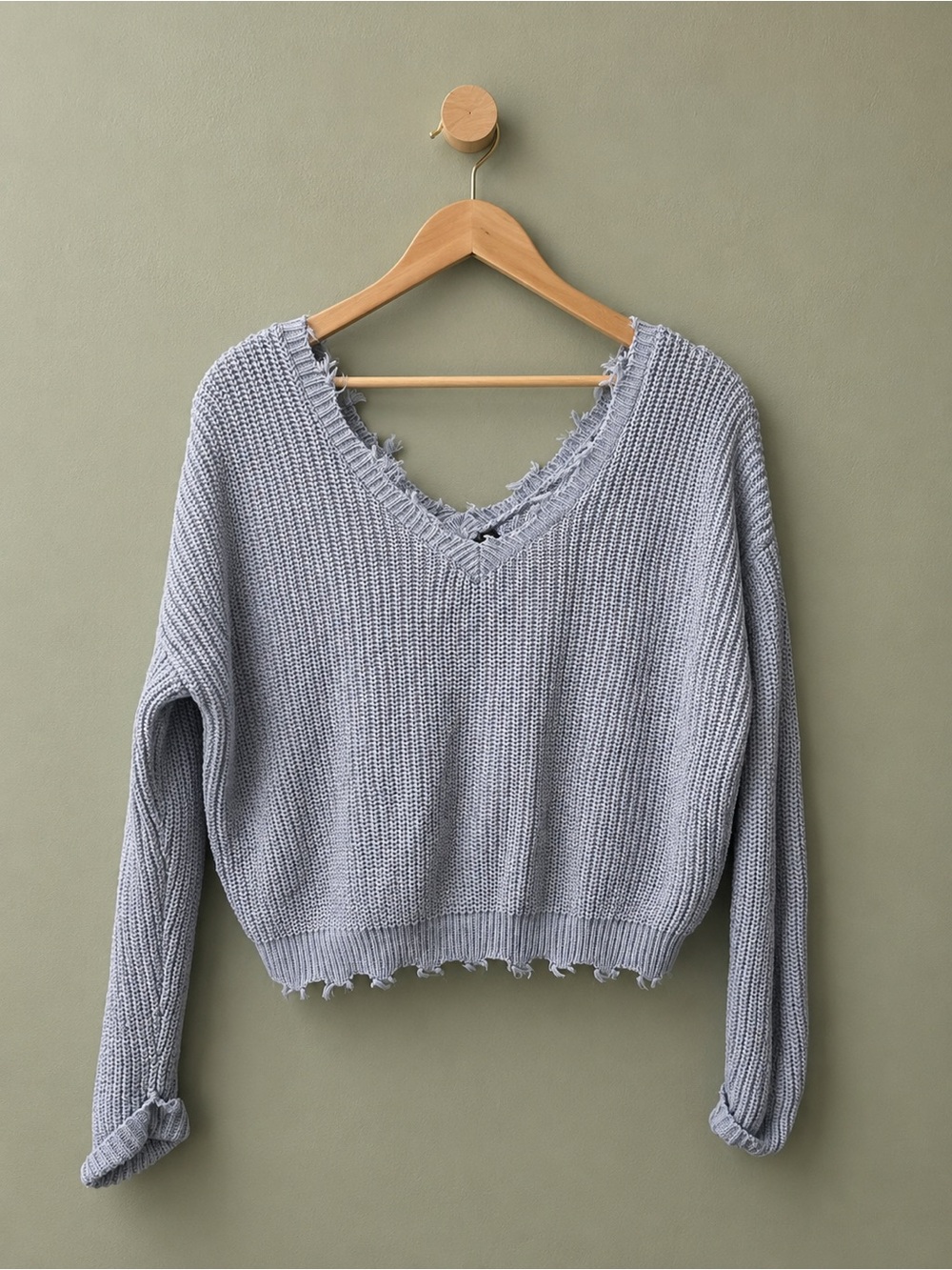 Dusty Blue Distressed V‑Neck Cropped Knit Sweater